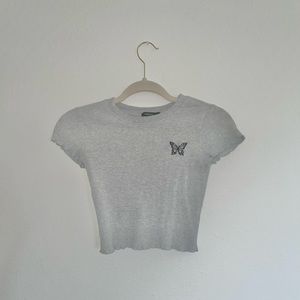 ** Ribbed/Gray Crop Top (Butterfly Stitching) **
